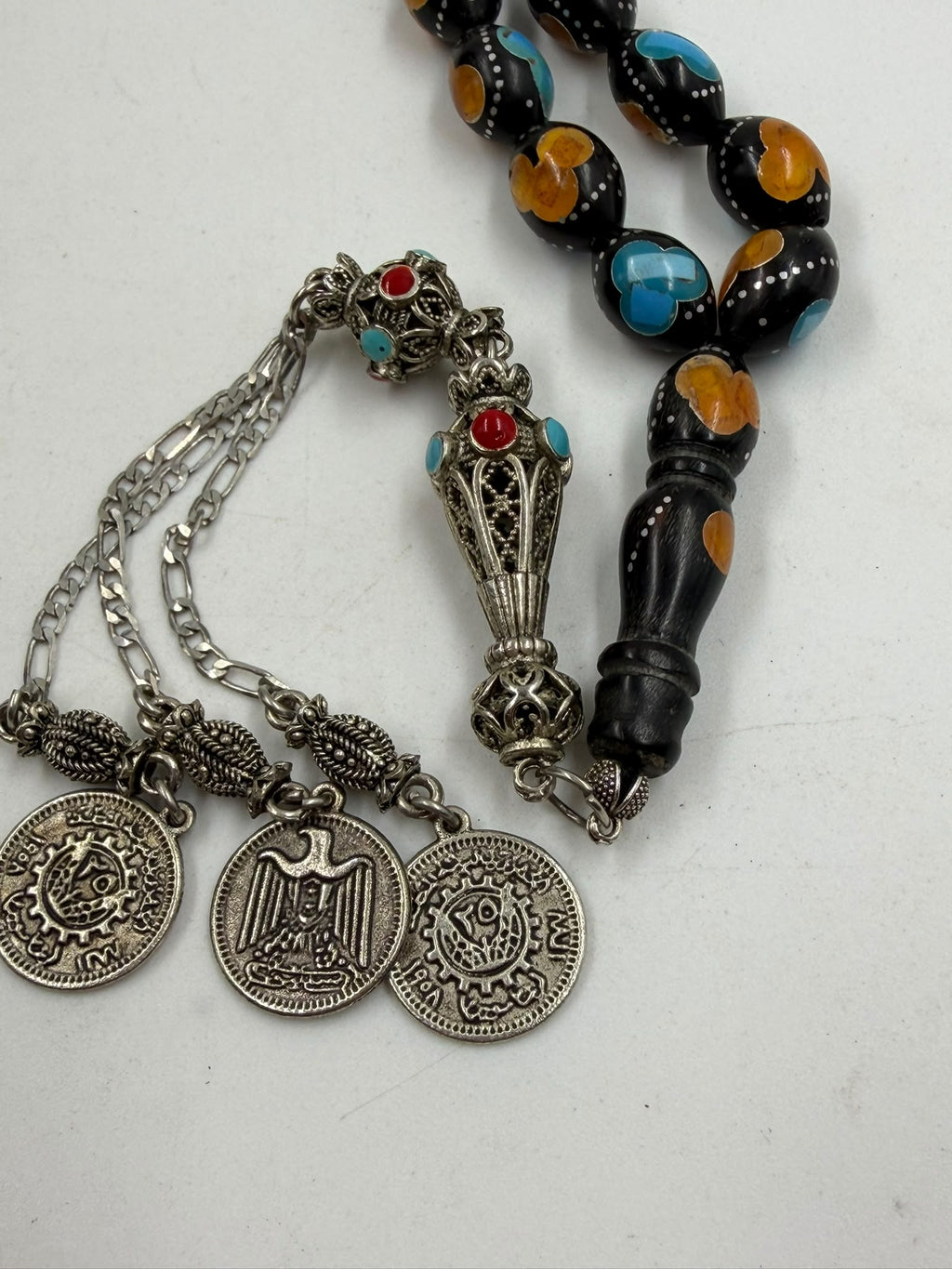 Egyptian Coke Misbaha – 33 Beads | Turquoise & Amber Inlay | Coin Tassel