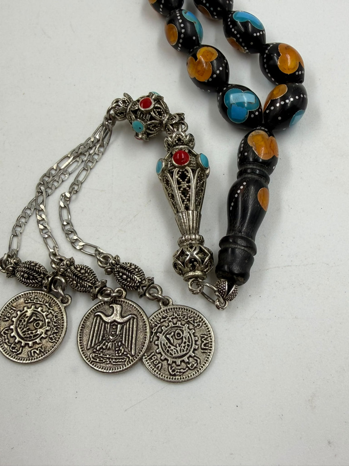 Egyptian Coke Misbaha – 33 Beads | Turquoise & Amber Inlay | Coin Tassel
