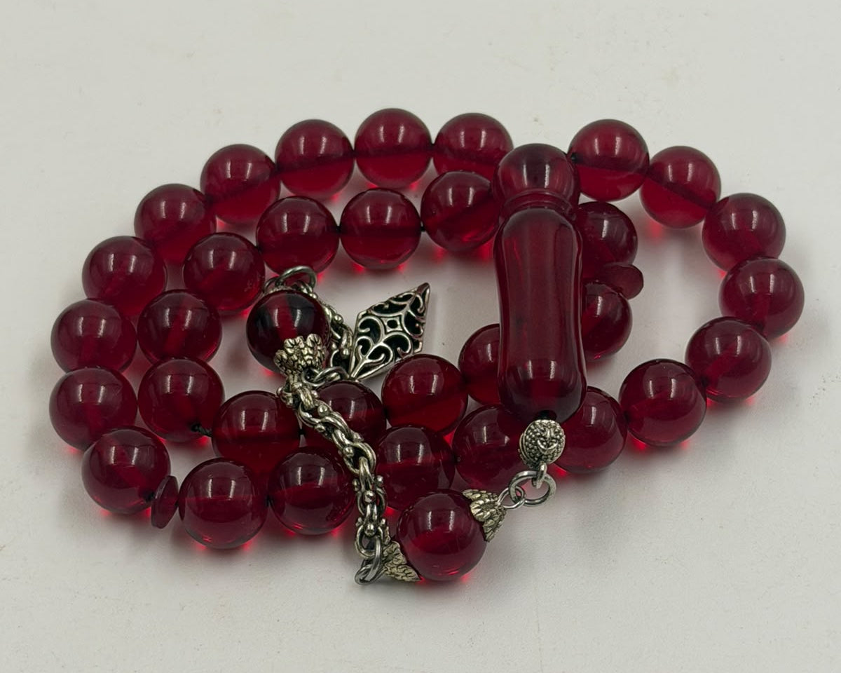 Red Musk Prayer Beads – 33 Beads 7mm | Cherry Amber Color | Silver Antimony Tassel | Daily Carry Tasbih Misbaha
