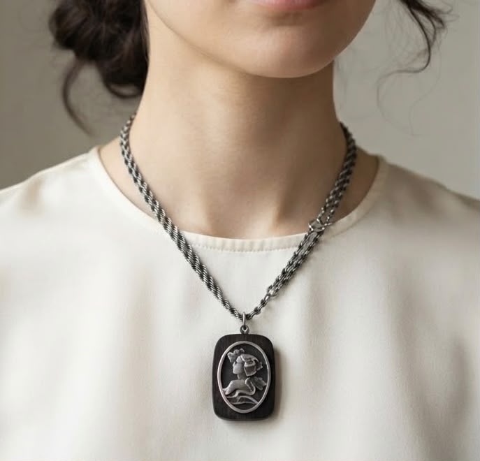 Vintage silver rope chain with wood cameo pendant on mannequin