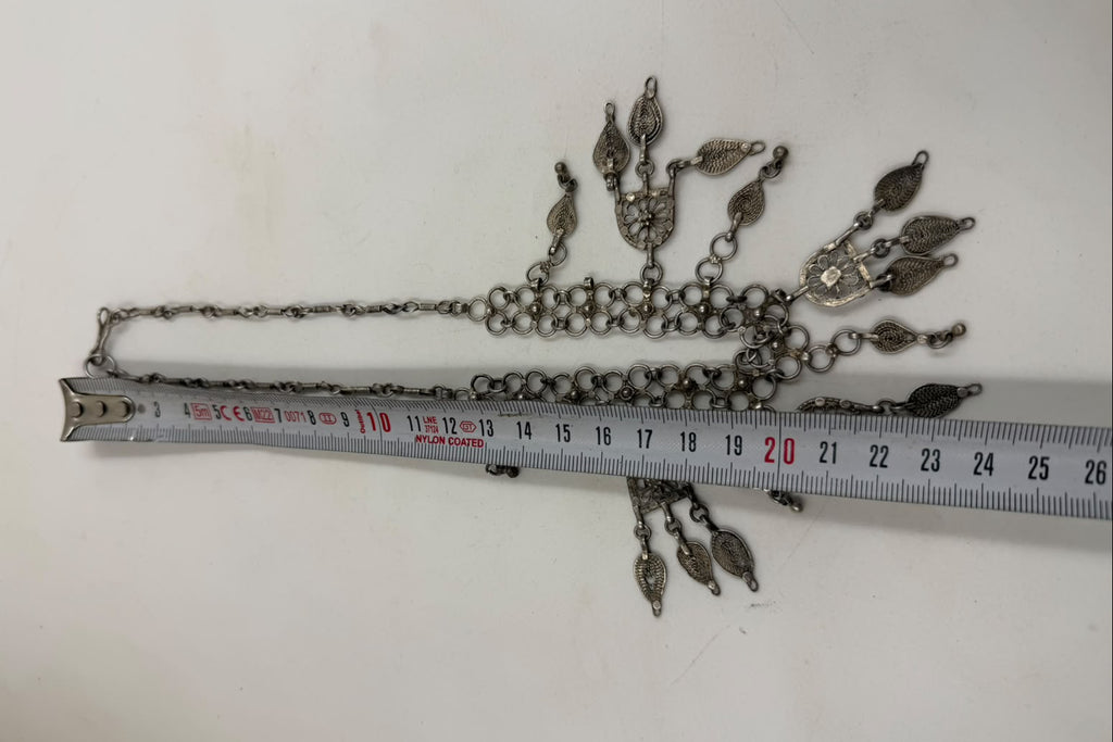 Antique Yemeni silver filigree necklace on mannequin front view