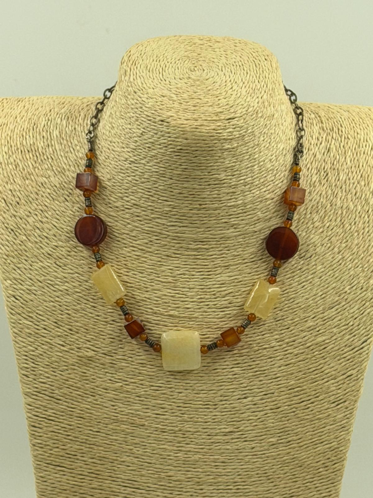 Model wearing vintage carnelian and yellow onyx necklace