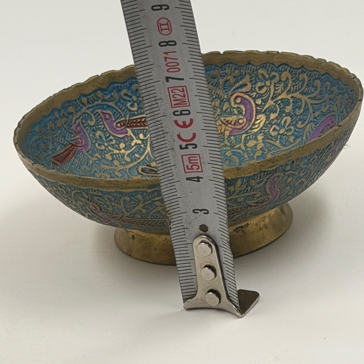 Vintage Indian blue cloisonné brass bowl - front view