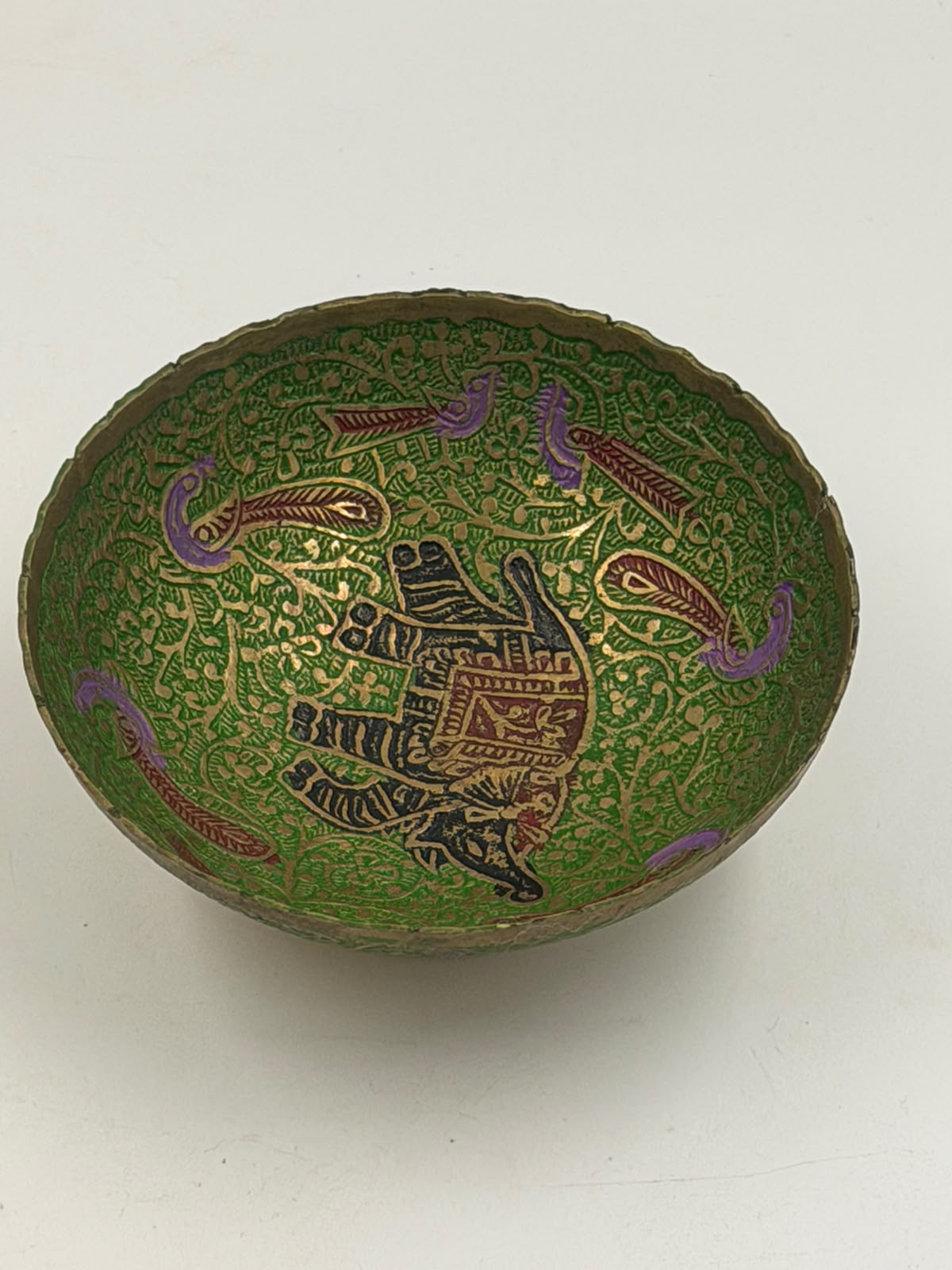 Vintage Indian brass enamel bowl - bottom view