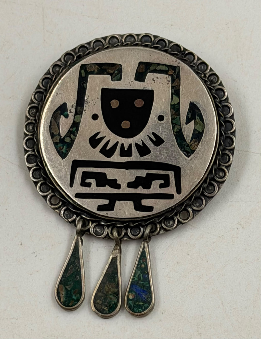 Vintage Mexican silver Aztec brooch - front view