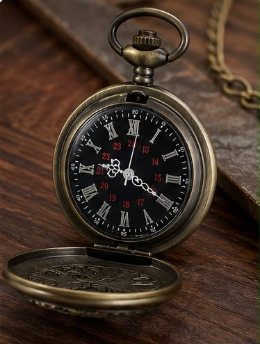 Vintage bronze pocket watch half-open showing both front cover and inner dial