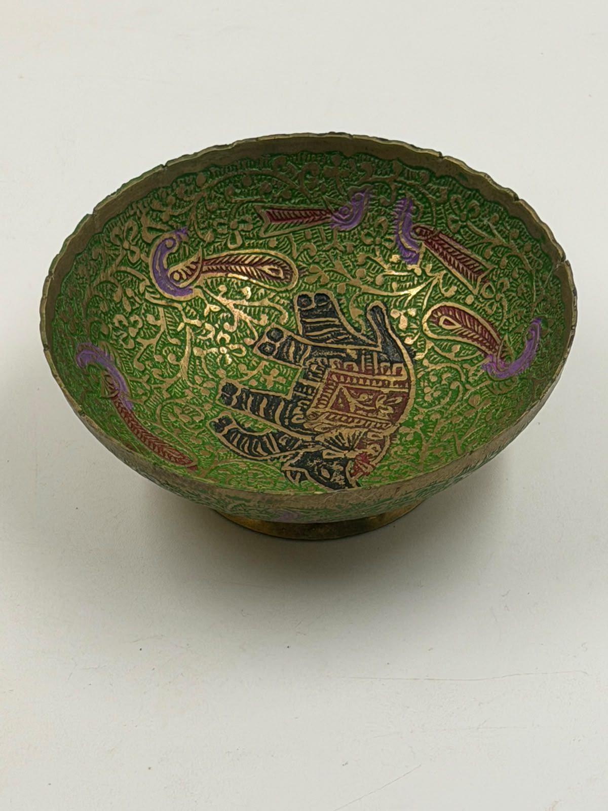 Vintage Indian brass enamel bowl with elephant motif - inside view