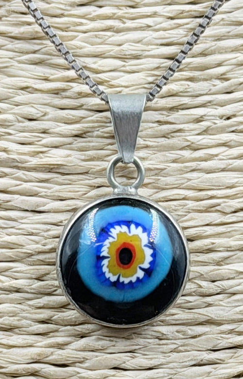 925 Italian sterling silver Millefiori evil eye necklace on white background