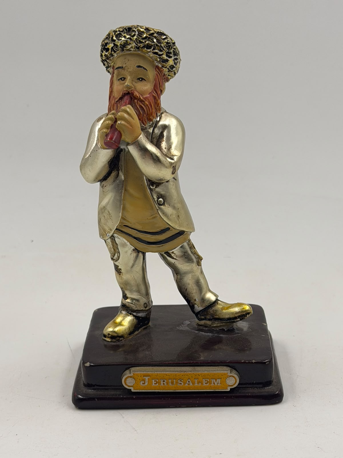 Jerusalem silver-plated Jewish flute player figurine – front view held in hand