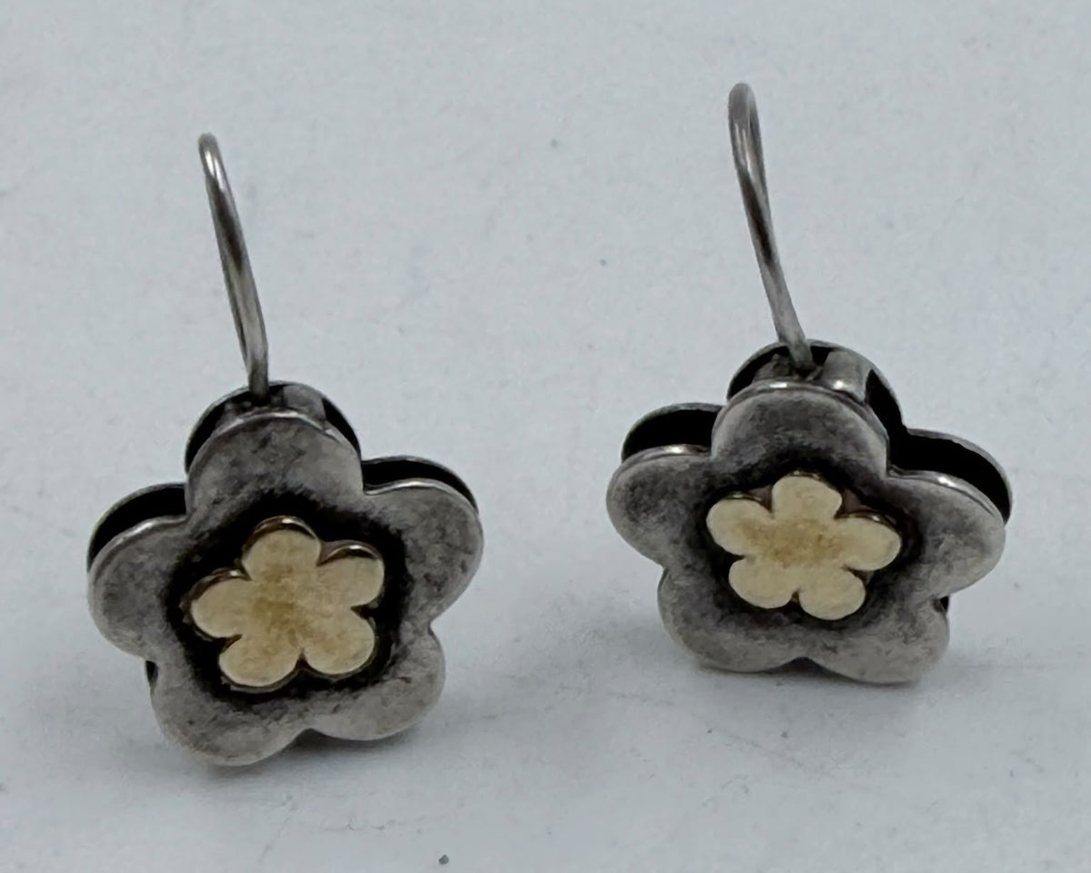 925 silver flower earrings DIANE front view on white background showing two-tone gold and silver design