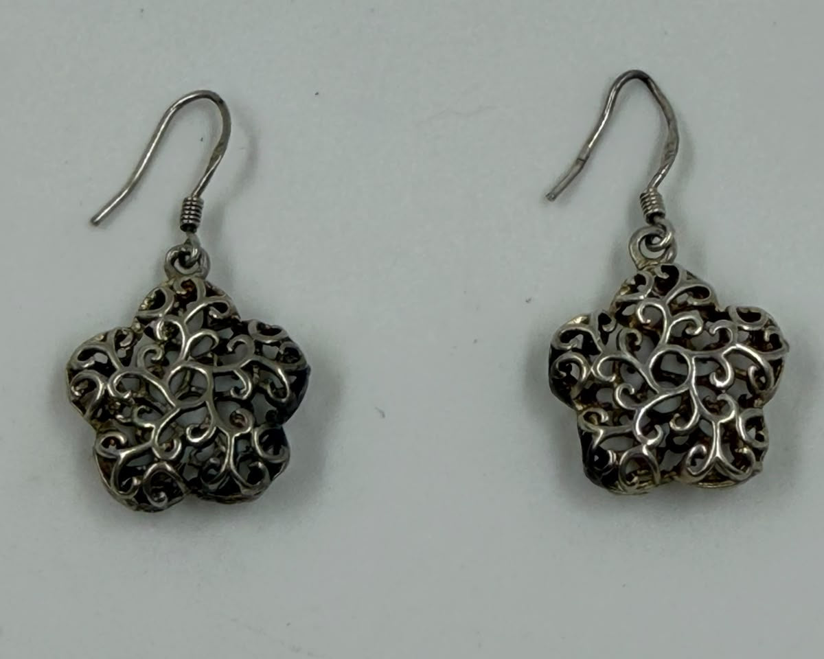 925 silver filigree flower earrings pair on white background showing 3D scrollwork rose design