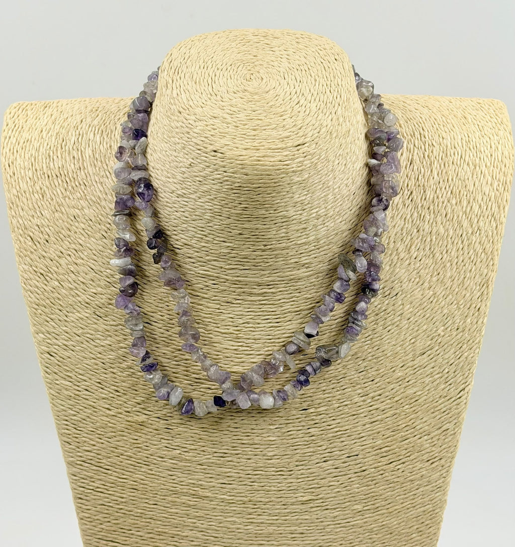 Natural amethyst chip necklace on wicker jewelry bust - single strand full length