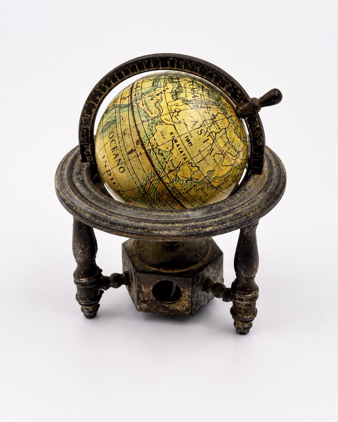 Vintage Spanish Metal Globe Pencil Sharpener – Rotating Miniature World Globe on Stand
