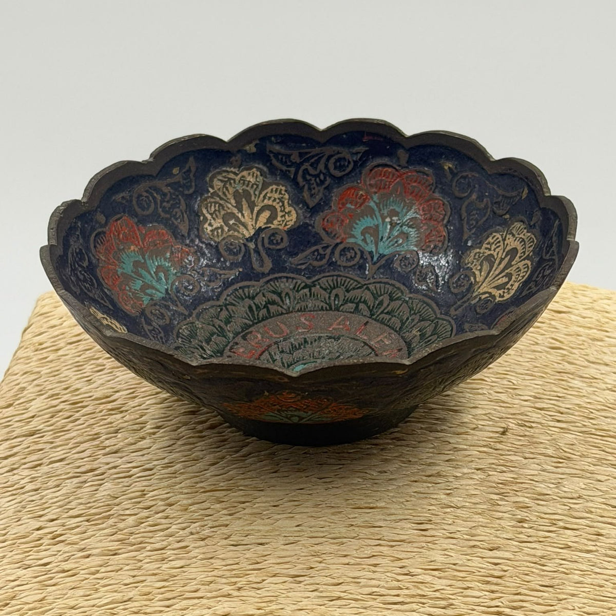 Vintage Jerusalem Brass Cloisonné Bowl – Hand-Painted Peacock Decorative Dish