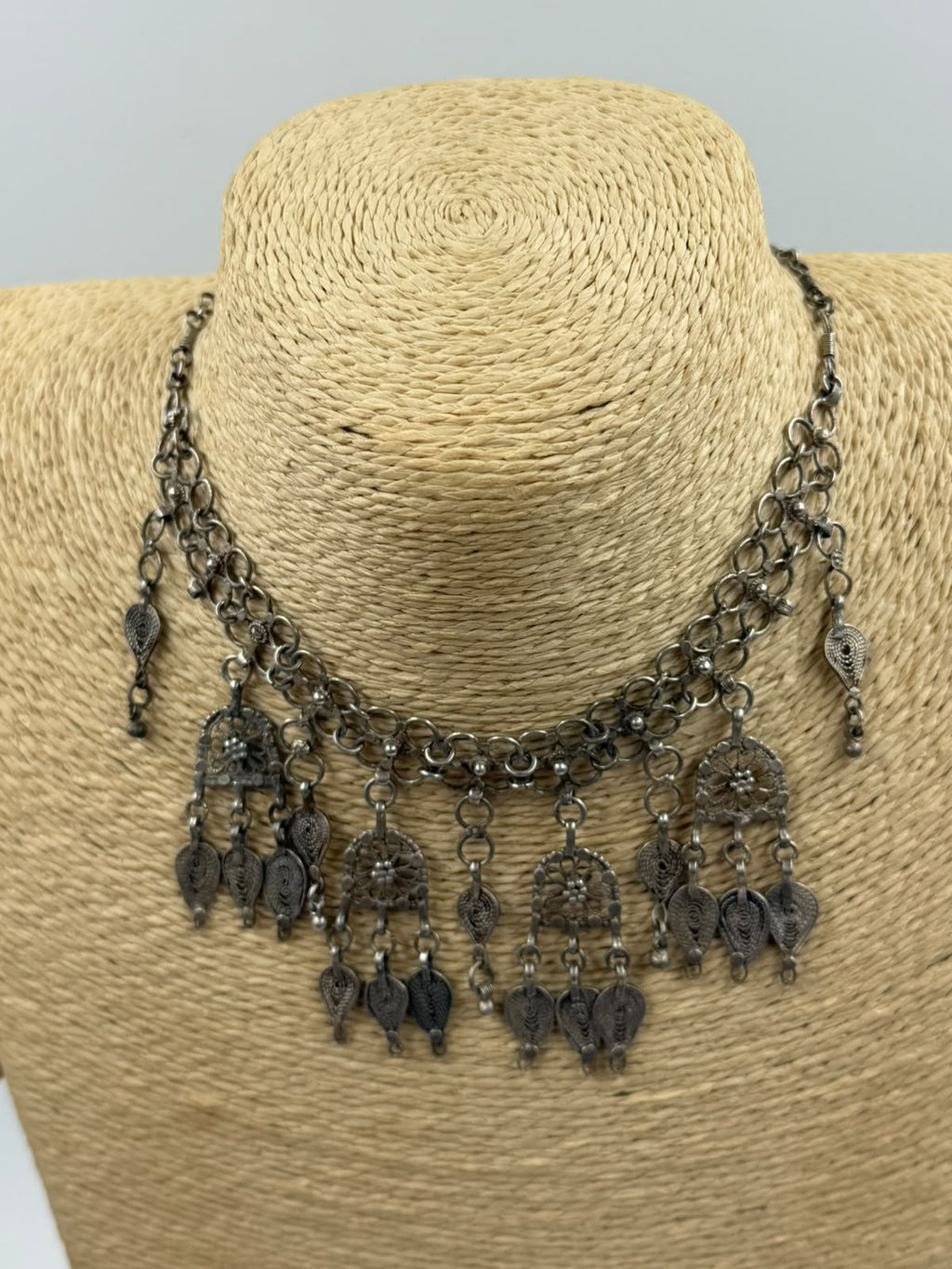 Antique Yemeni silver filigree necklace on mannequin side view