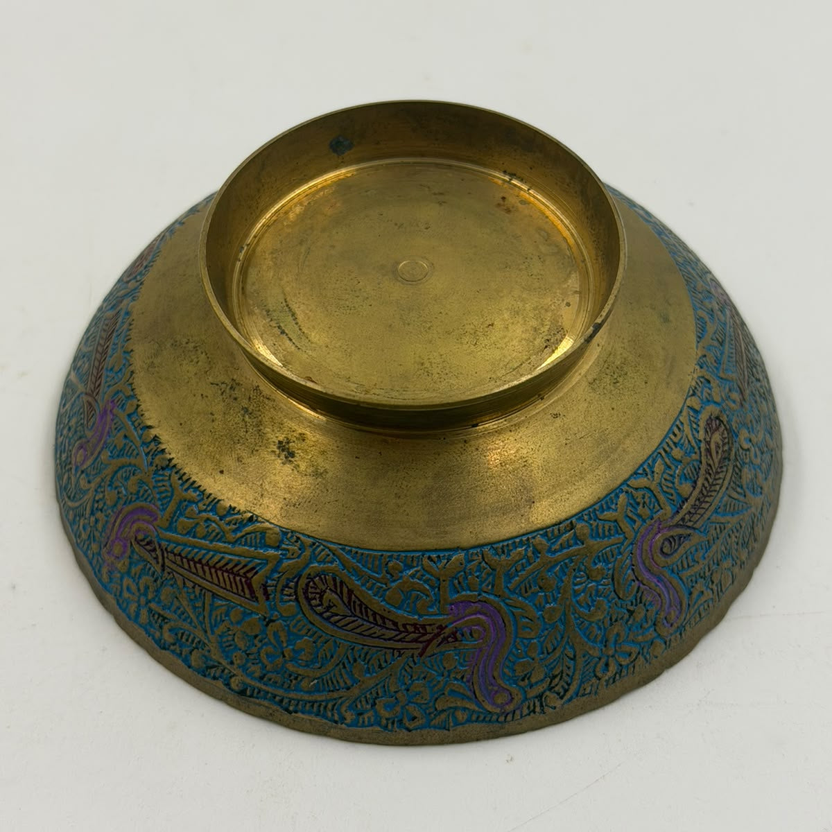 Vintage Indian blue cloisonné brass bowl - side view