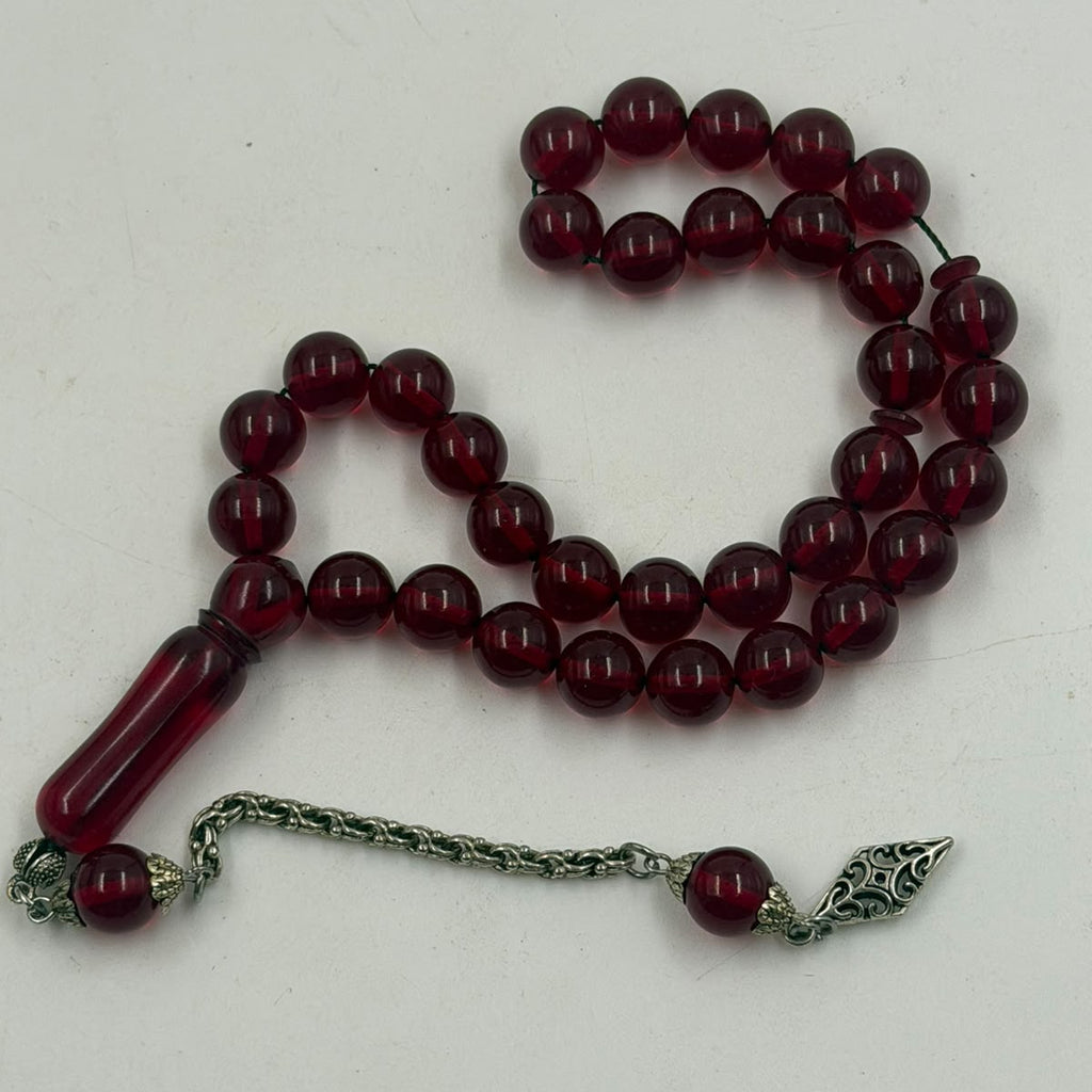 Red Musk Prayer Beads – 33 Beads 7mm | Cherry Amber Color | Silver Antimony Tassel | Daily Carry Tasbih Misbaha