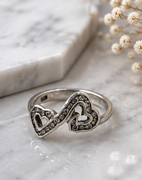 Sterling silver double heart ring in luxury velvet ring box