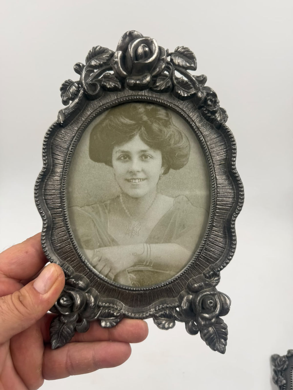Antique pewter triple photo frame set - front view