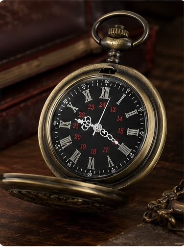 Vintage bronze pocket watch front view held in hand showing Roman numerals