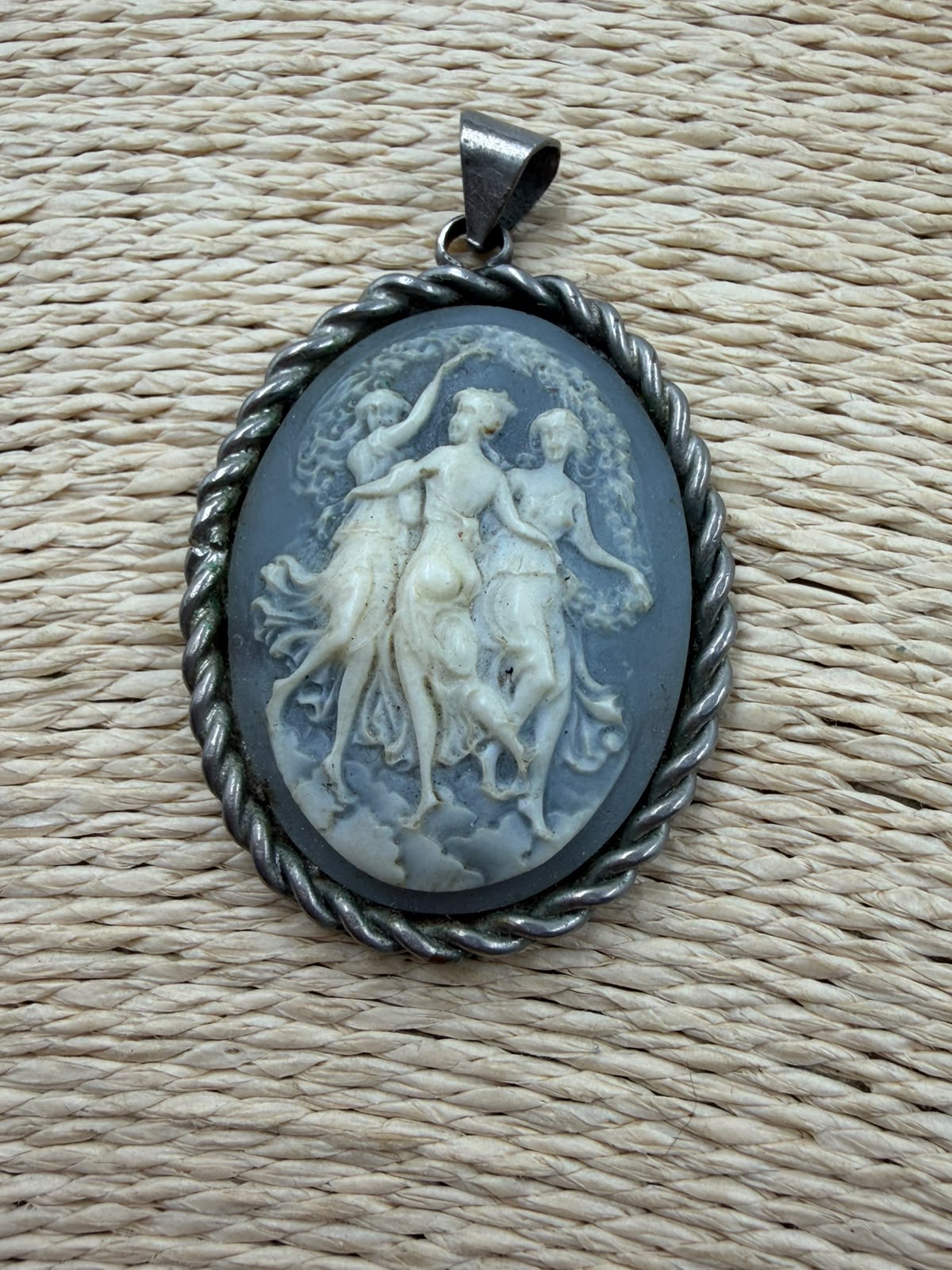925 silver Three Graces cameo pendant macro close-up showing ivory relief against blue-grey ground contrast