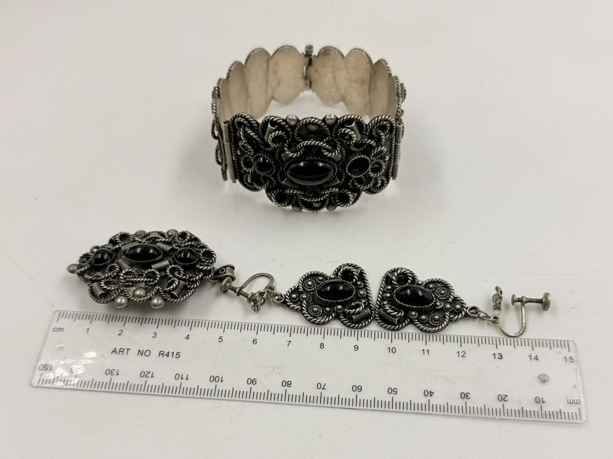 Vintage Israeli Silver Filigree Jewelry Set | Bracelet, Earrings & Brooch | Black Onyx Beads | 74.5g | Hallmarked