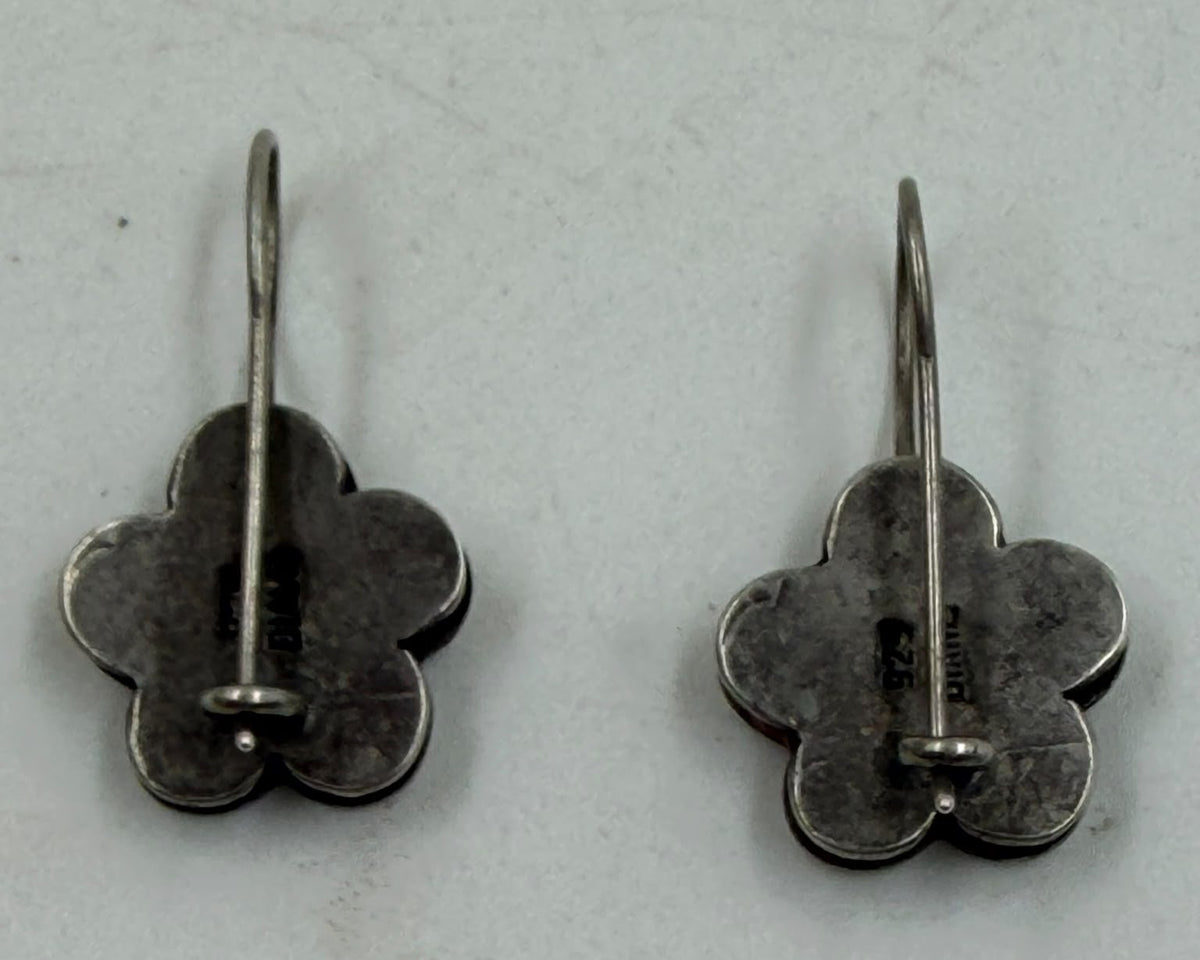 925 silver flower earrings DIANE pair on white background side angle showing layered flower depth