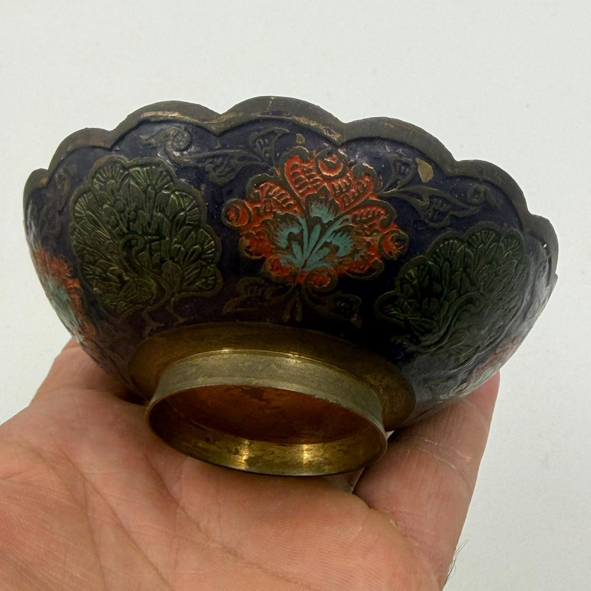 Vintage Jerusalem Brass Cloisonné Bowl – Hand-Painted Peacock Decorative Dish
