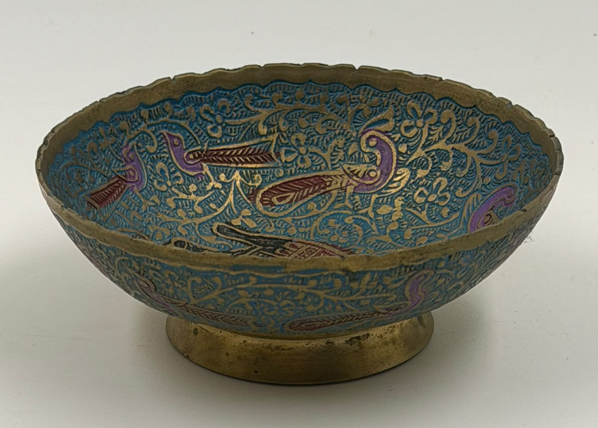 Vintage Indian blue cloisonné brass bowl - top view
