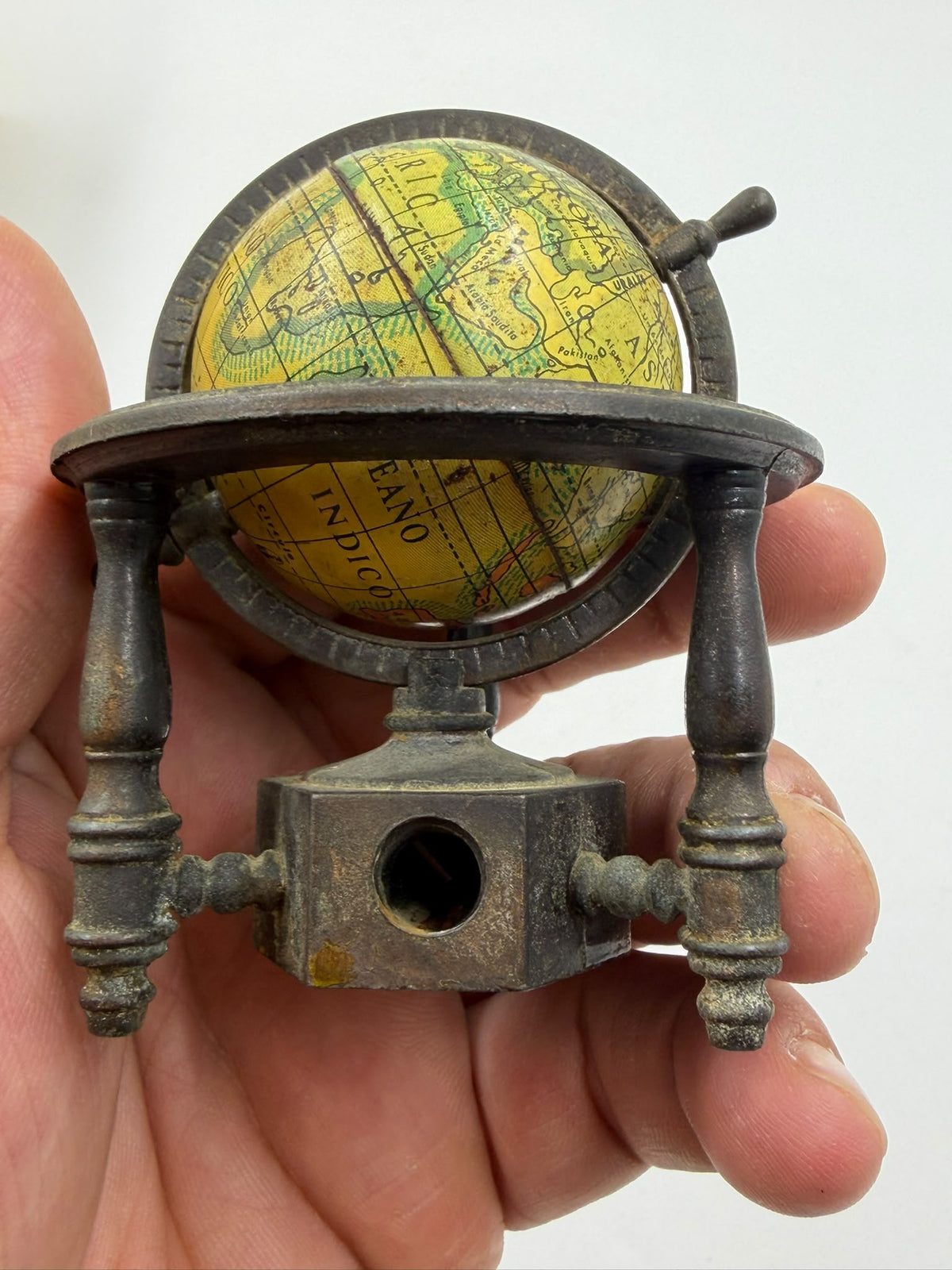 Vintage Spanish Metal Globe Pencil Sharpener – Rotating Miniature World Globe on Stand