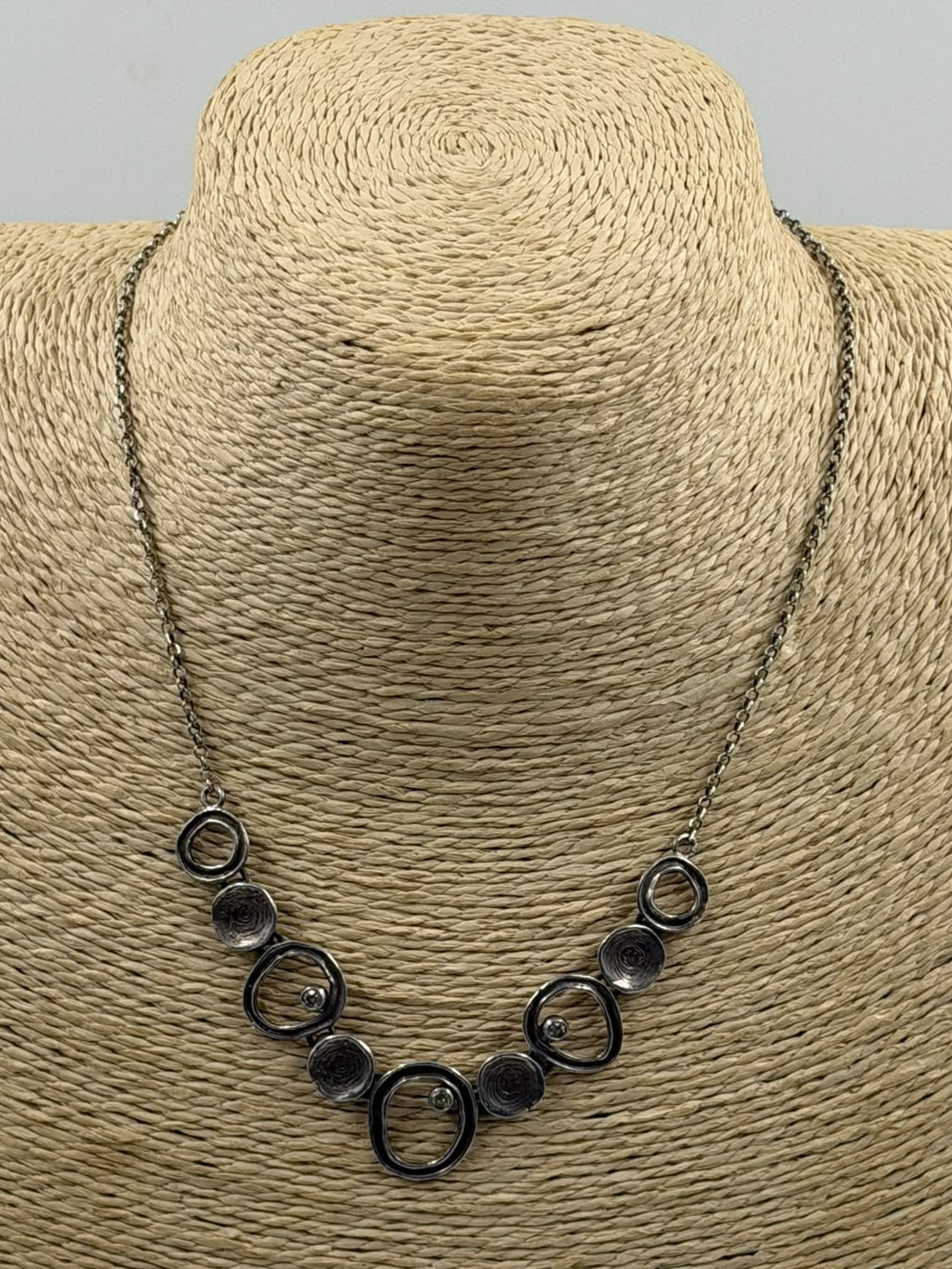 Vintage Sterling Silver 925 Oxidized Spiral Circles Necklace with Crystal Stones