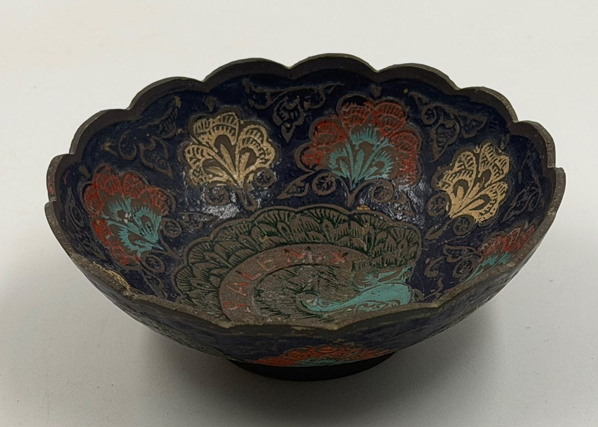 Vintage Jerusalem Brass Cloisonné Bowl – Hand-Painted Peacock Decorative Dish