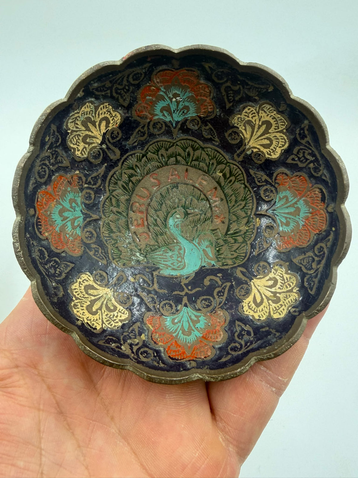 Vintage Jerusalem Brass Cloisonné Bowl – Hand-Painted Peacock Decorative Dish