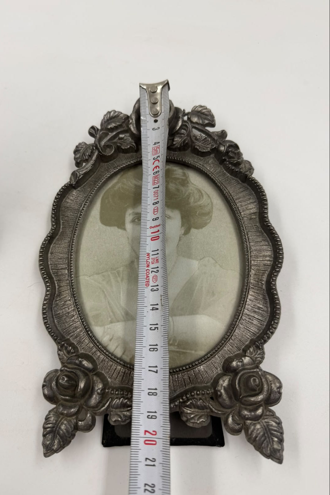 Antique pewter triple photo frame set - side angle view
