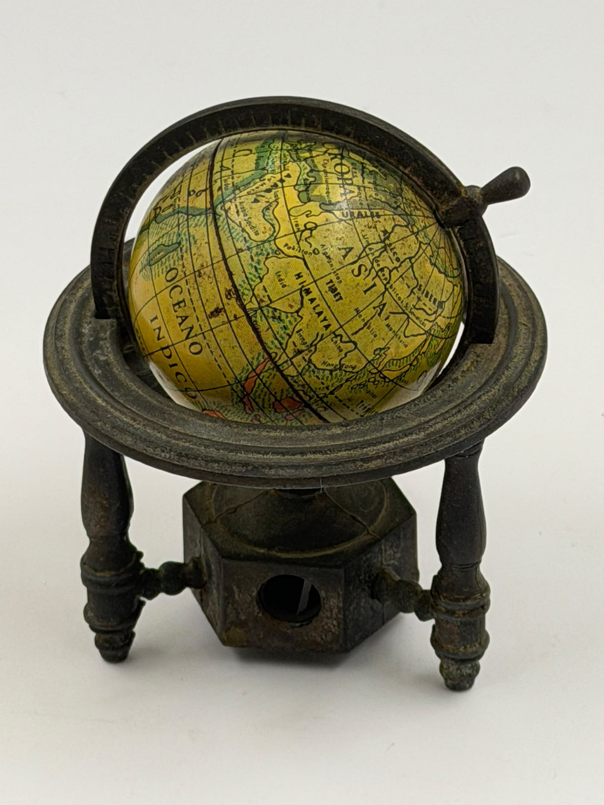 Vintage Spanish Metal Globe Pencil Sharpener – Rotating Miniature World Globe on Stand