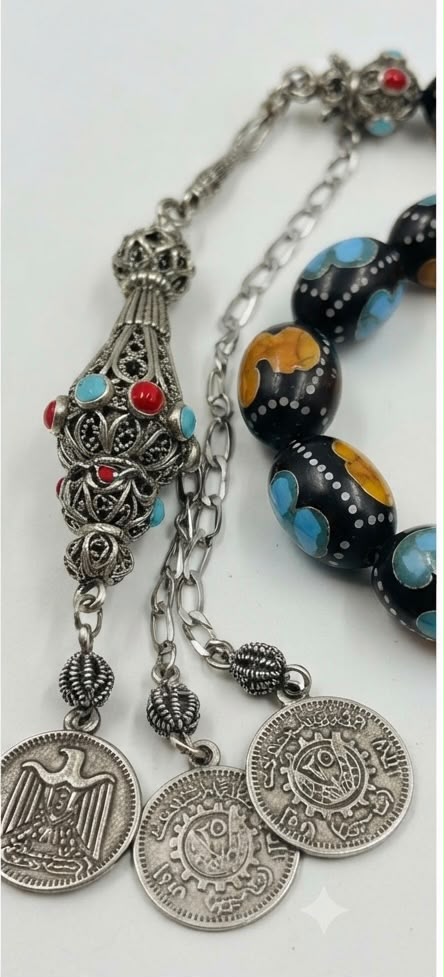 Egyptian Coke Misbaha – 33 Beads | Turquoise & Amber Inlay | Coin Tassel
