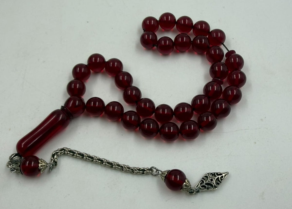 Red Musk Prayer Beads – 33 Beads 7mm | Cherry Amber Color | Silver Antimony Tassel | Daily Carry Tasbih Misbaha
