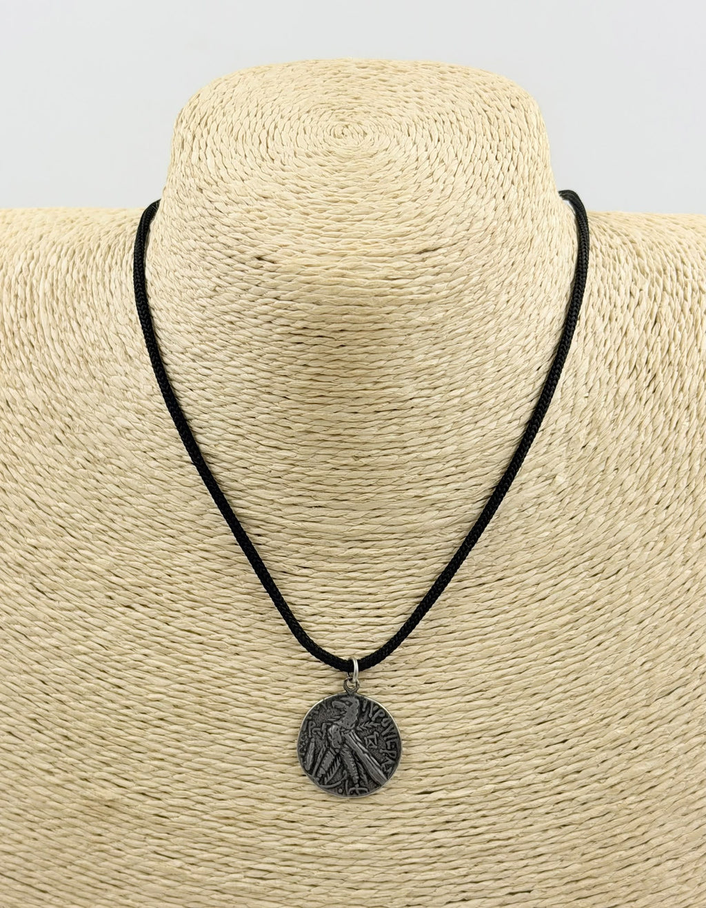 800 silver antique Roman coin pendant necklace on wicker jewelry bust
