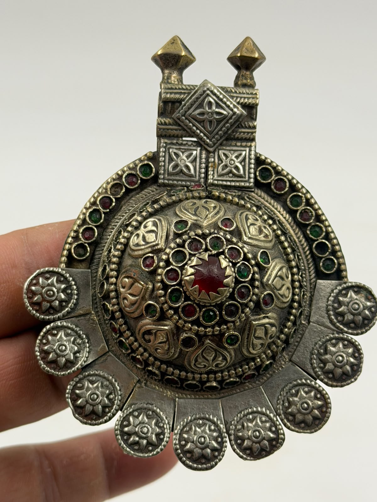Antique Afghan Tribal Silver Pendant with Red & Green Gemstones