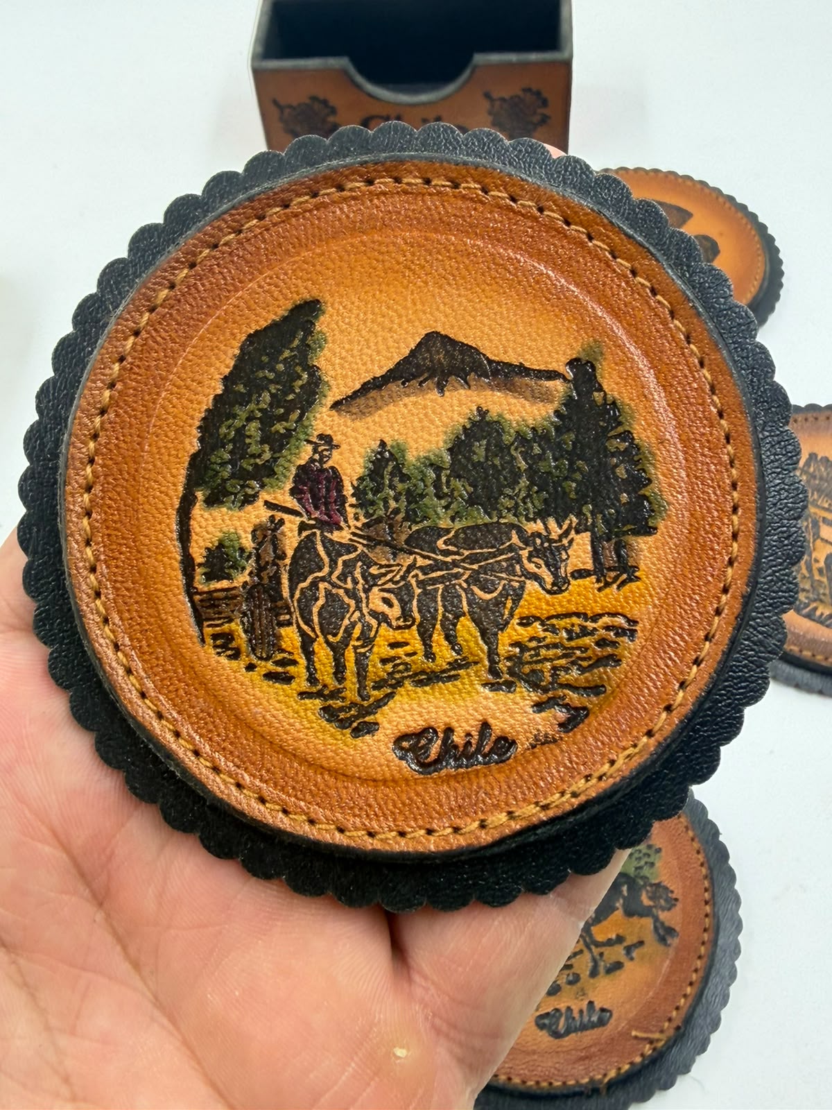 Full set of 6 Chilean leather coasters with wooden holder