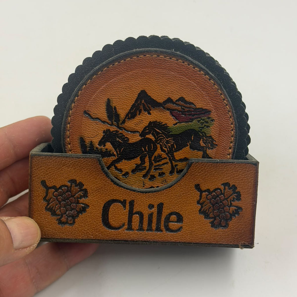 Chilean leather coaster set in wooden holder with Chile branding