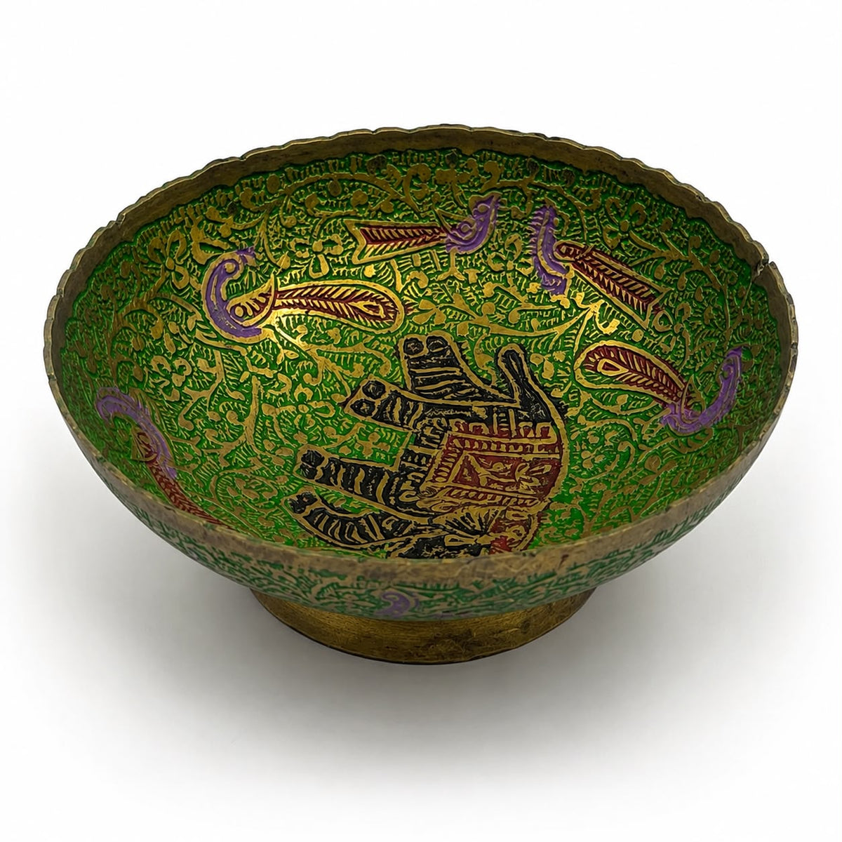 Vintage Indian brass enamel bowl - side view