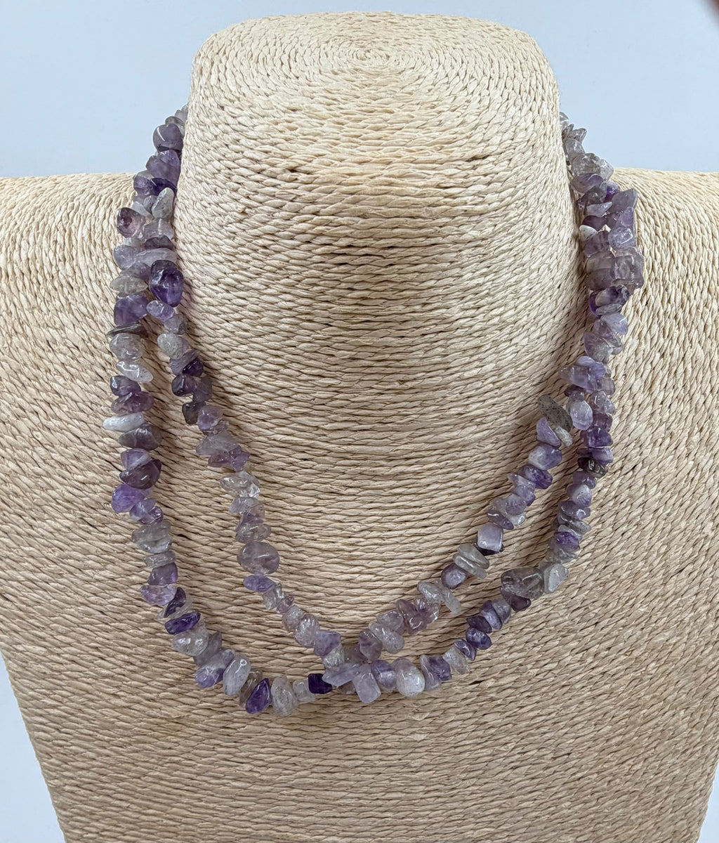 Natural amethyst chip necklace on wicker bust - double strand layered view