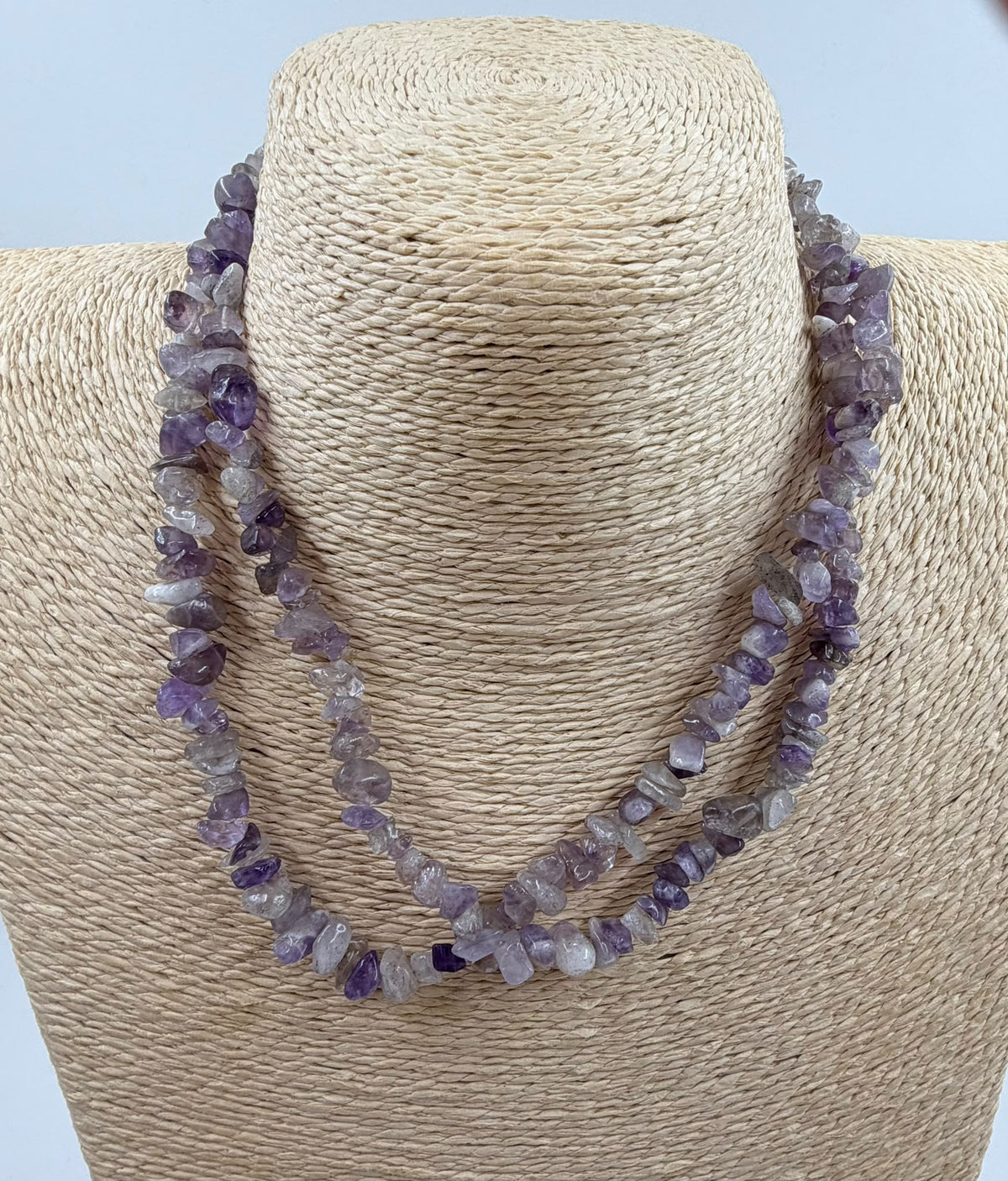 Natural amethyst chip necklace on wicker bust - double strand layered view