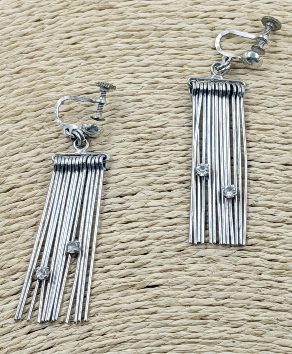 Vintage silver harp wire chandelier earrings pair - front view white background