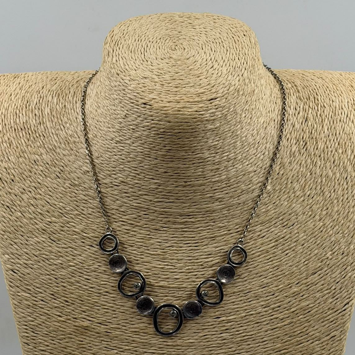 Vintage Sterling Silver 925 Oxidized Spiral Circles Necklace with Crystal Stones