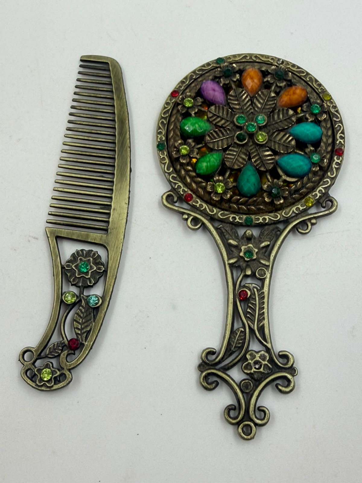 Vintage Jeweled Hand Mirror & Comb Set – Antique Bronze Metal | Colorful Gemstone Beads | Art Nouveau Vanity Gift