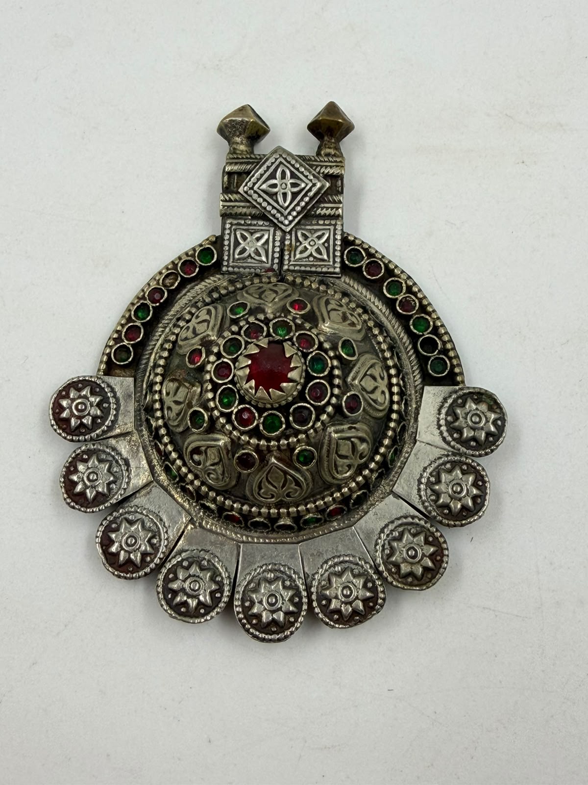 Antique Afghan Tribal Silver Pendant with Red & Green Gemstones