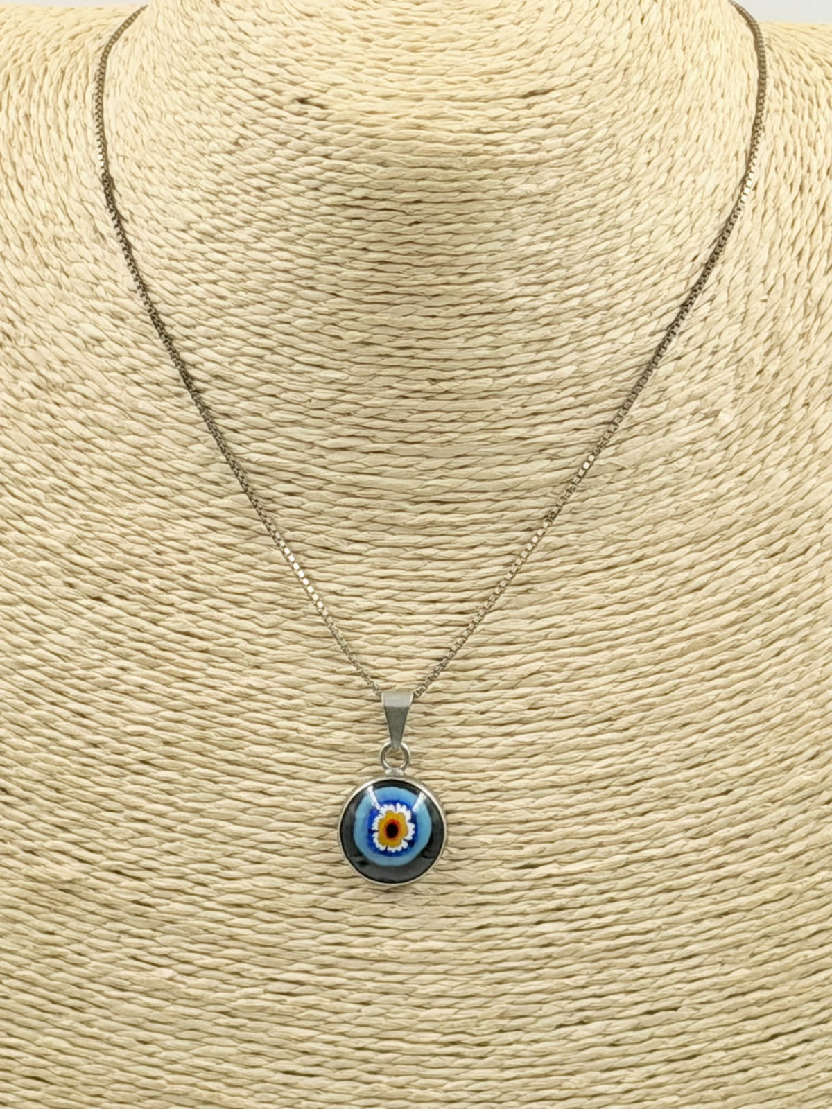 925 Italian sterling silver Millefiori evil eye necklace on jewelry bust - front view