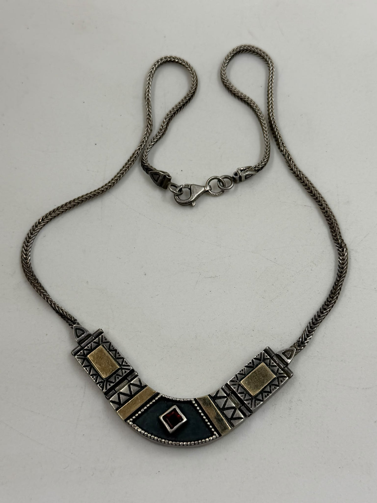 Vintage Sterling Silver 925 Gold Vermeil Tribal Bib Necklace with Garnet